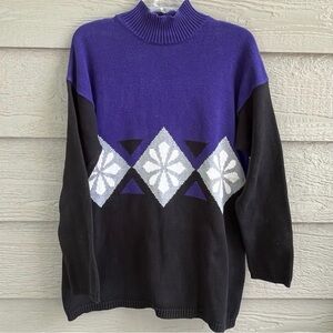 Vintage Ski Sweater Fair Isle Purple Black Diamond Cotton Mock Neck 90s M/L Read